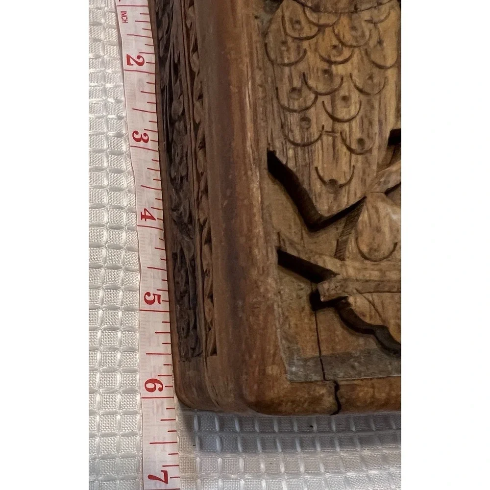 Vintage Hand Carved Wooden Rectangular Decorative Box Owl Floral Pattern, Small‎